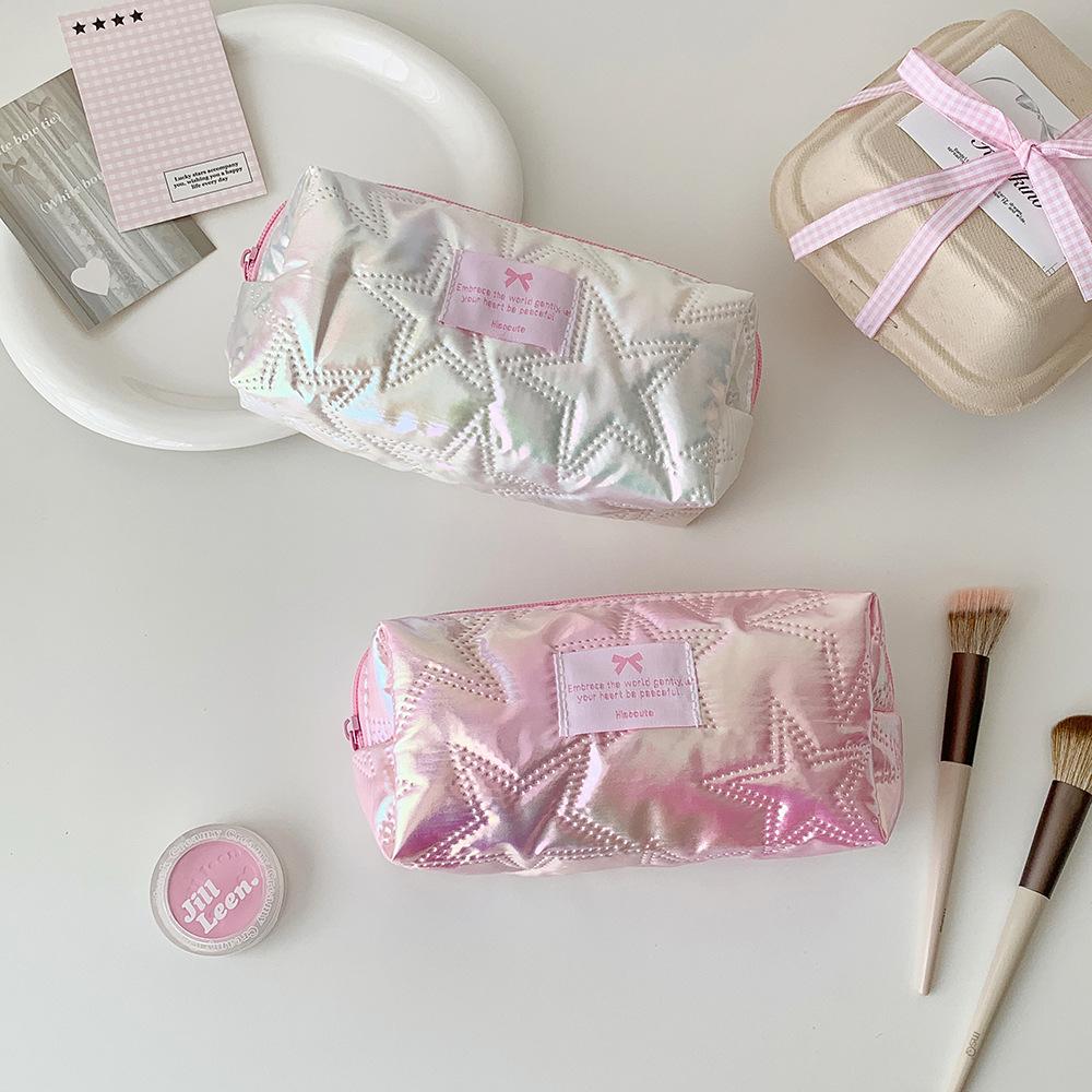 Polyester Storage Bag Star-Patterned Pink Pen Bag Pencil Case Glossy Stationery Organizer For Gift For Girls Travel School