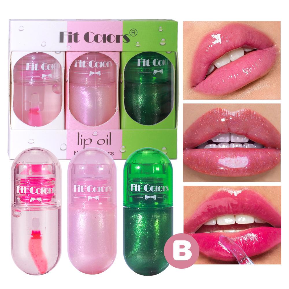 3 Sets zartes Fruchtkapsel-Lipgloss-Set, warm, prall, wasserfest, Perlen-Lipgloss, feuchtigkeitsspendendes Lippenöl, sexy, glänzende Lippenglasur