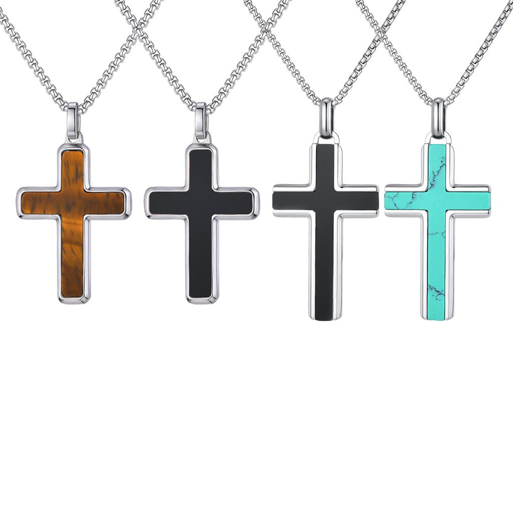 Stainless Steel Men'S Necklace Cross Turquoise Natural Tiger Eye Sweater Chain Pendant Pn-2224