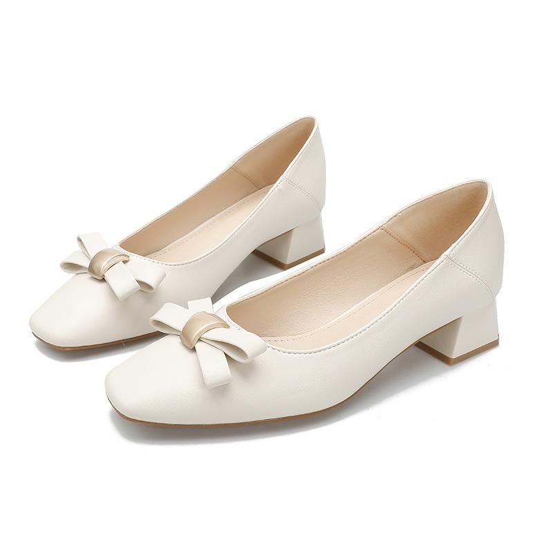 Spring 2025 new square head medium heel single shoes women's thick heel high heels temperament soft leather fashion bow women's shoes