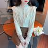 Fashion New 2024 Winter Long Sleeve Stand Collar Ruffles Apricot Velvet Lace Blouse Shirt Women Tops Blouses Shirts J790