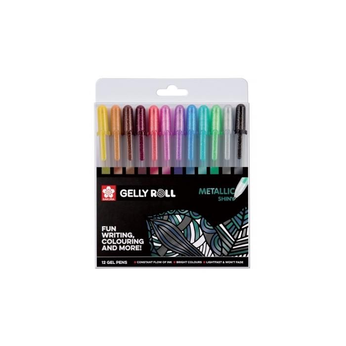 Set De 12 Crayons Gel - Sakura - Gelly Roll Metallic Shiny - Couleurs Assorties - Encre Gel - Non Rechargeable