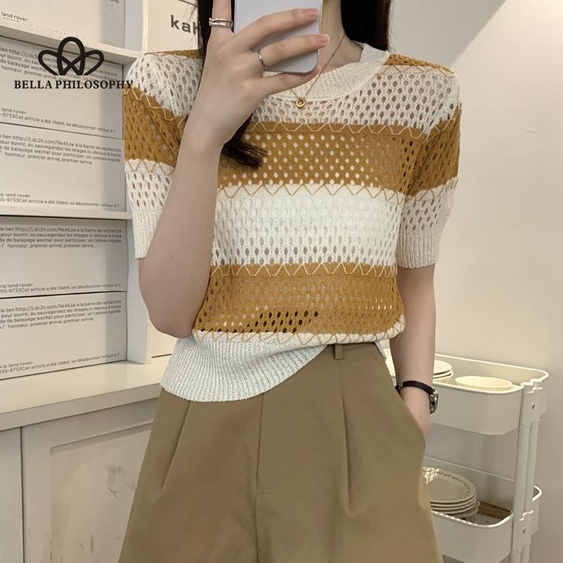 Retro Striped Knitted Short-sleeved Blouse Cap Sleeves Round Neck Ladies Sweater Woman Fashion Clothing