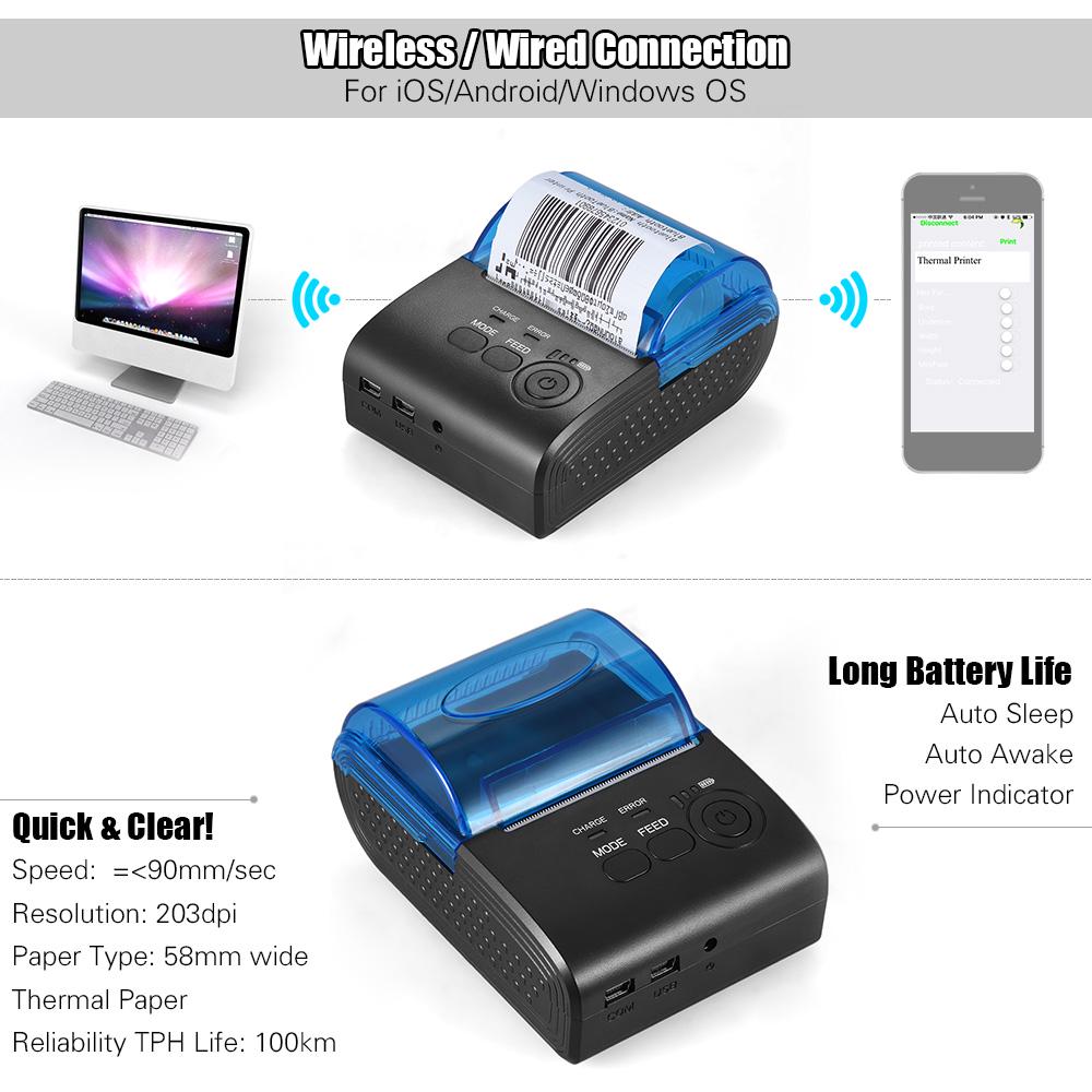 POS-5805DD Portable Mini 58mm Wireless USB Thermal Printer Receipt Bill Ticket POS Printing for iOS
