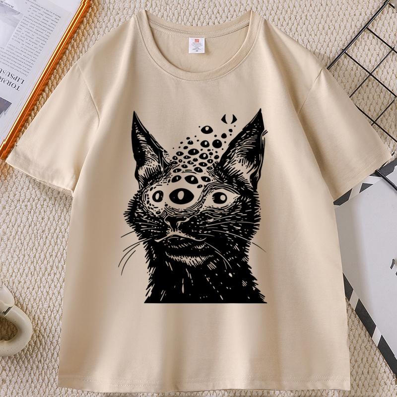 Weirdcore Cat T Shirt Harakuju Creepy Horror Goth Cat TShirt Gothic Dark Aesthetic Tshirt Casual Round Neck Cotton Tees Tops