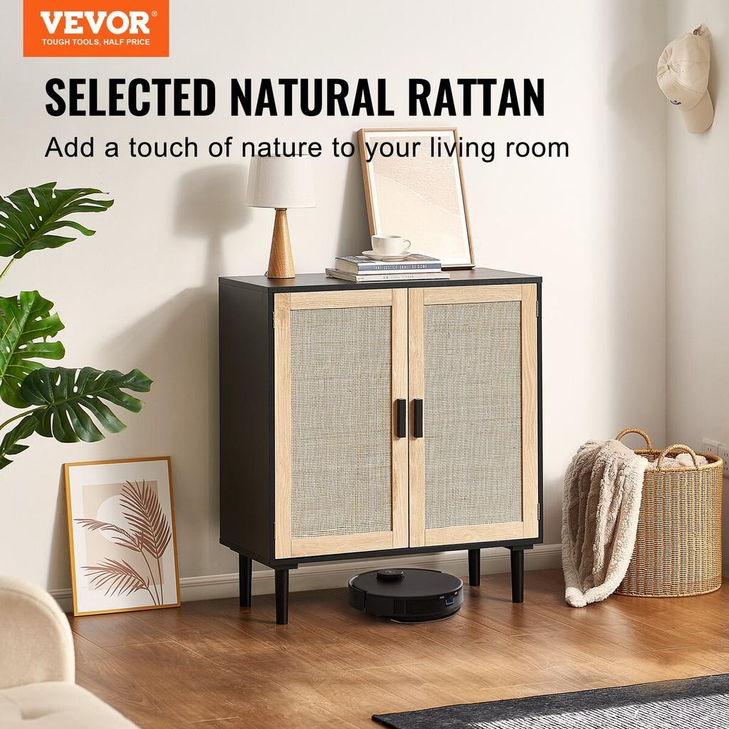 Armadio Contenitore in Rattan con 2 Ante Magnetiche e Ripiani Regolabili Nero