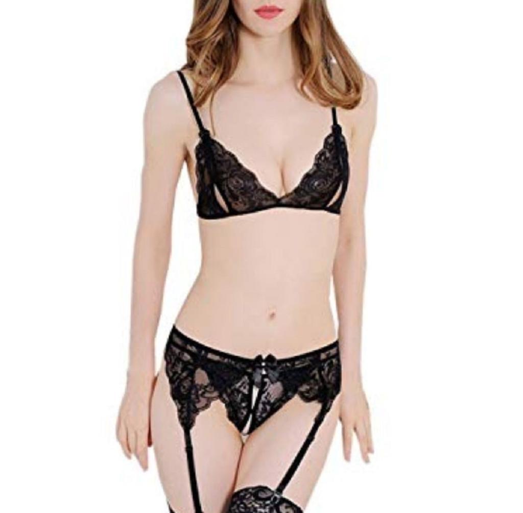 DREAMPARTY Sexy Lingerie Set for Women Garter and with Perforated and Sexy Lingerie Set 4-Piece (Bra, T-Back, Belt, Stockings) Underwear, Erotic,