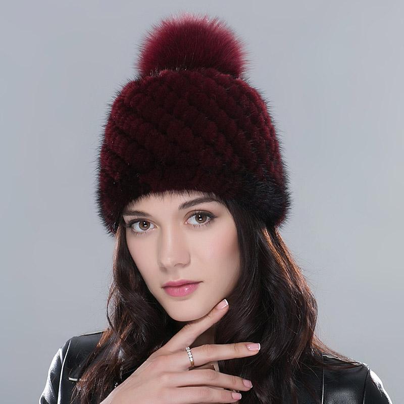 Women Winter Real Mink Fur Beanie Hat With Sliver Fox Pompom Warm Woven Knit Lined Caps Female Fashion Winter Hat