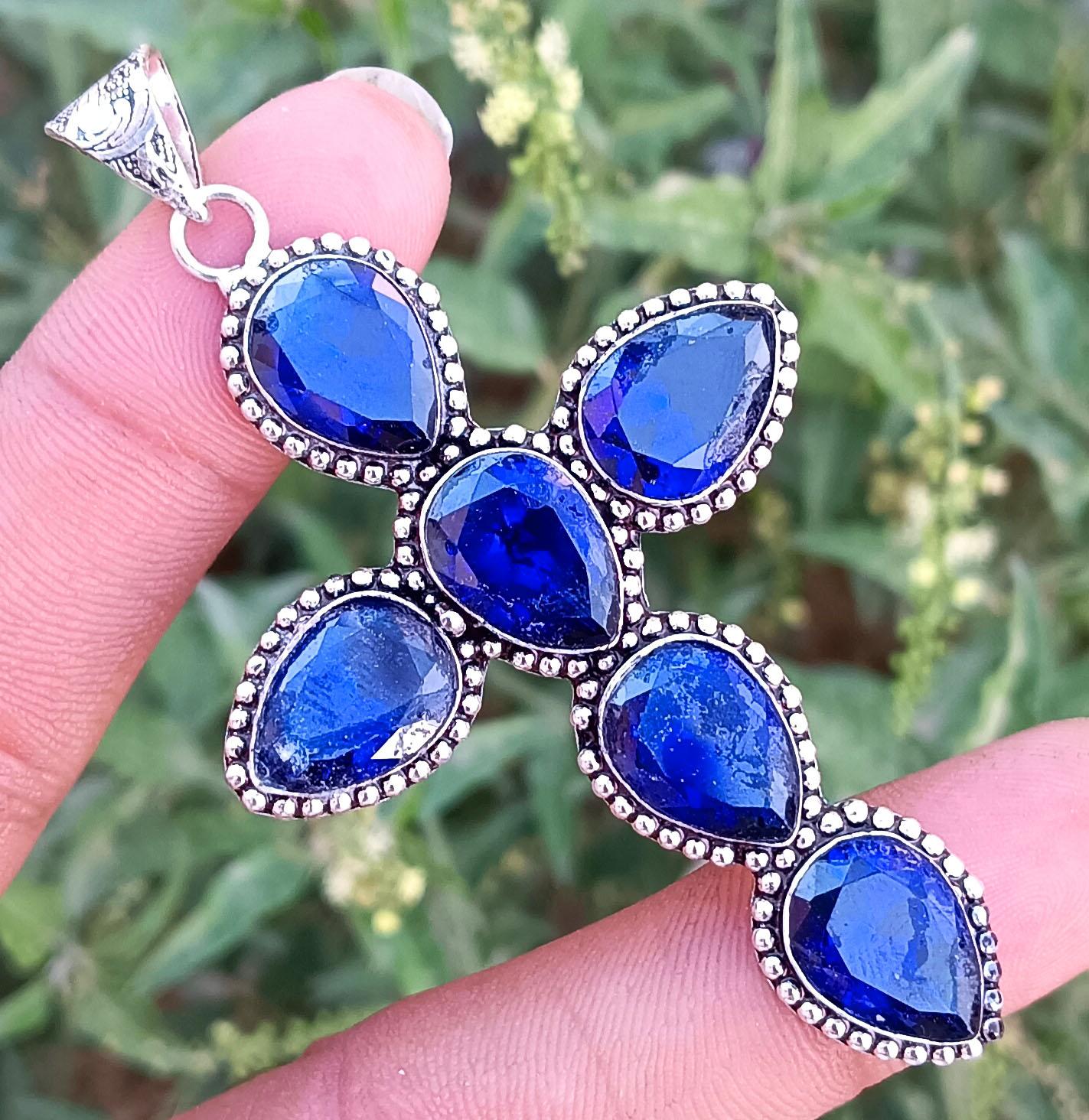 

Синий граненый топаз из стерлингового серебра 925 пробы с покрытием для женщин модные ювелирные изделия с кулонами Святого Креста