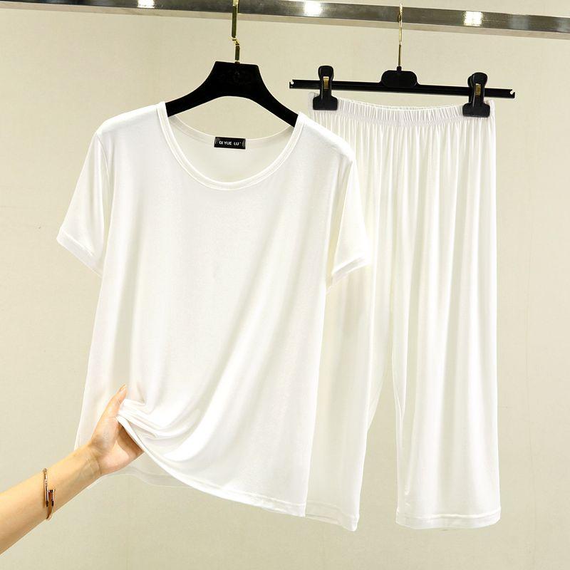 

Модальный пижамный костюм женский летний большого размера свободный с коротким рукавом топ укороченные брюки повседневный минималистичный домашний комплект из двух предметов White M (recommended 40.00 kg-50.00 kg