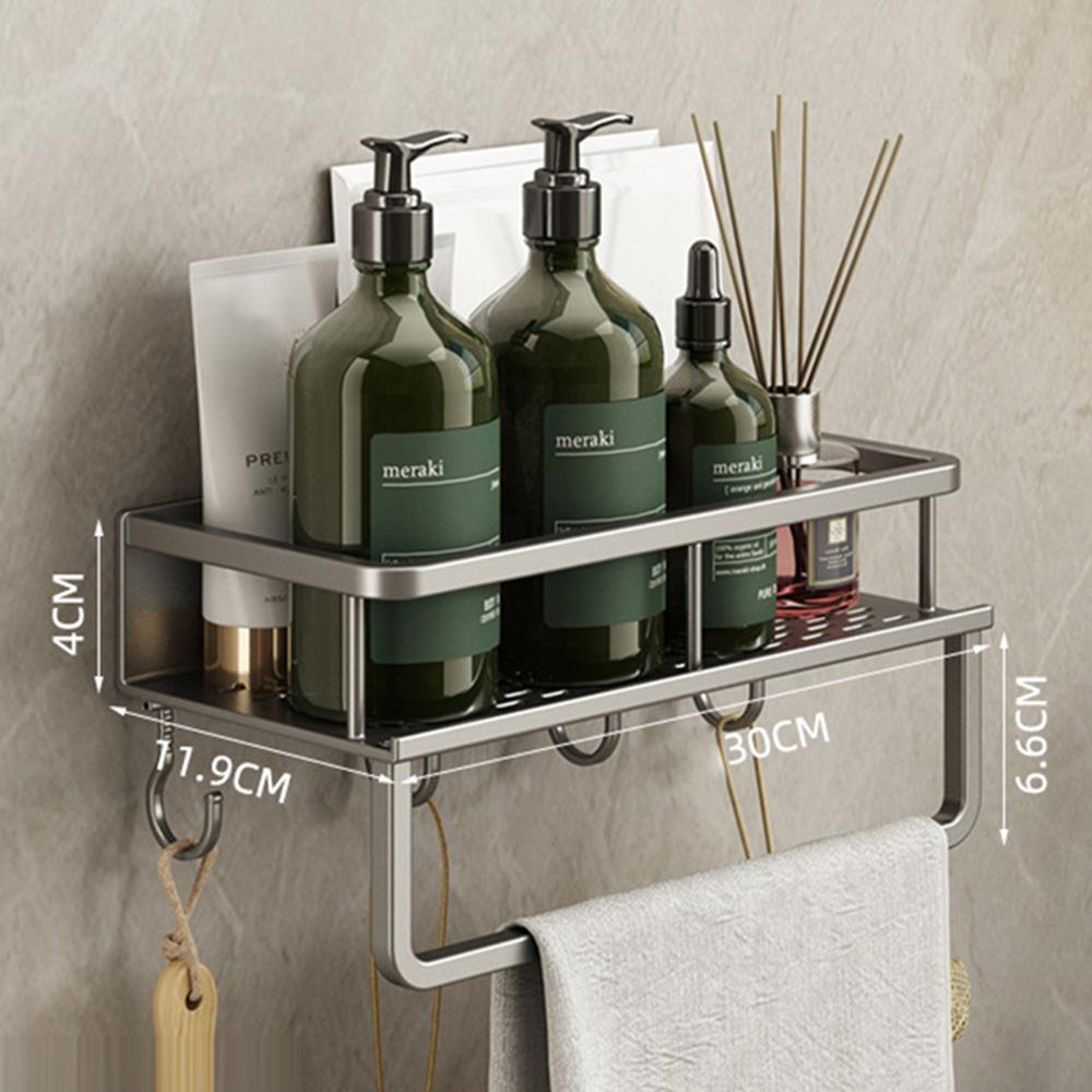 30cm Bathroom Storage Rack with Hooks and Towel Bar Wall Mounted No Drill Ventilated Draining Organizer