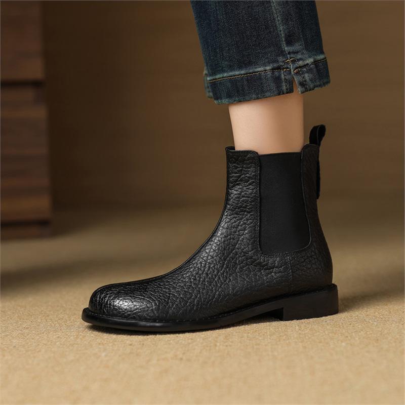 Kurzstiefel Damen Frühling und Herbst Einzelstiefel weiche Sohle runde Spitze niedriger Absatz flache Stiefel dicker Absatz mittlerer Absatz Gummizug Samt Chelsea Boots