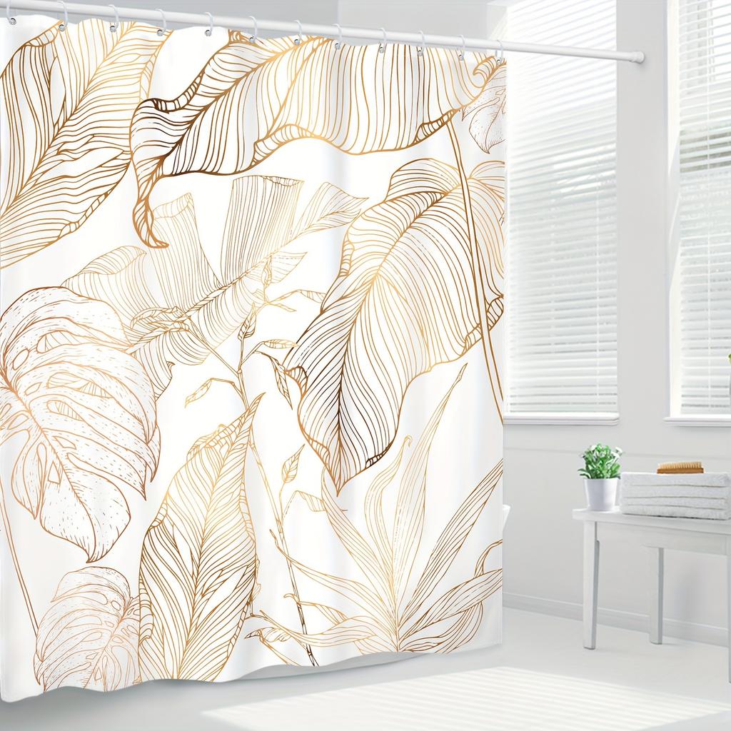 1/4pcs White Golden Tropical Leaf Waterproof Shower Curtain Set Decorative Bathroom Set Non-Slip Carpet Toilet Cover Bath Mat And 12 Hooks