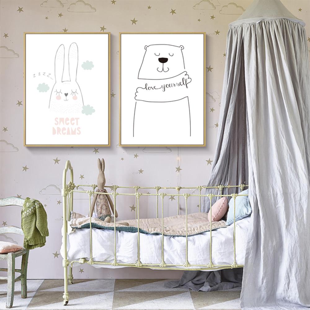 Cute Cartoon Minimalist Rabbit Bear Child Line Wall Canvas Posters Painting Prints For Living Kids Room Home Decoration Decor