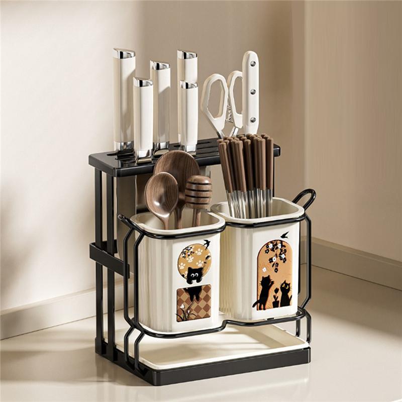 A84E-Integrated Knife Organizer Double-Cup Chopstick Holder Non-Drilling Integrated Rack