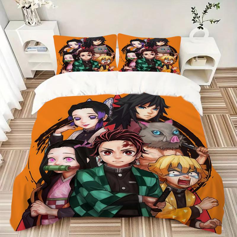 3pcs Demon Slayer Printed Quilt Set - Includes 1 Quilt Cover and 2 Pillowcases, Machine Washable - Suitable for All Seasons.L035