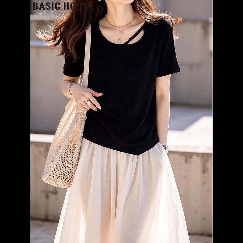 Basic House Women s Hollow Short Sleeve T-shirt One Size