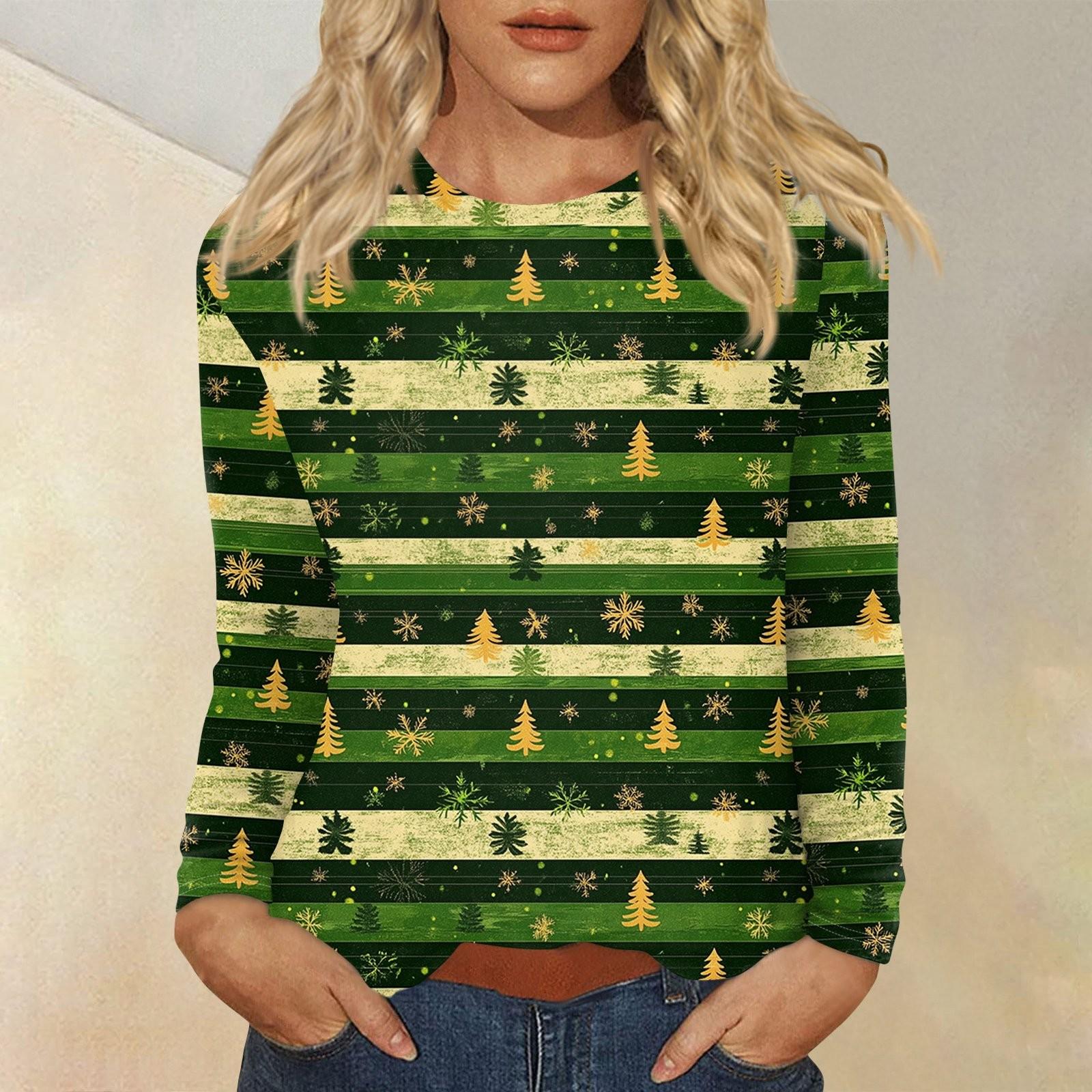 

Рубашки с длинным рукавом для женщин, милые футболки с принтом на Рождество, блузки, повседневные топы больших размеров, пуловеры XXXXL зелёный