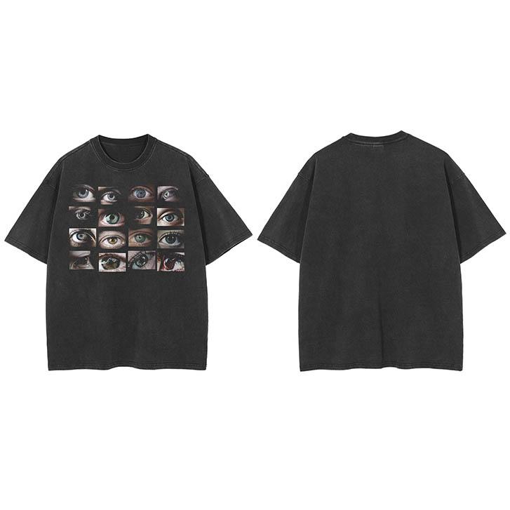 Hip Hop Washed Black TShirt Streetwear Eyes World Graphic T Shirt Hipster Men Tshirt Cotton Unisex Tops Tees Dope Clothing
