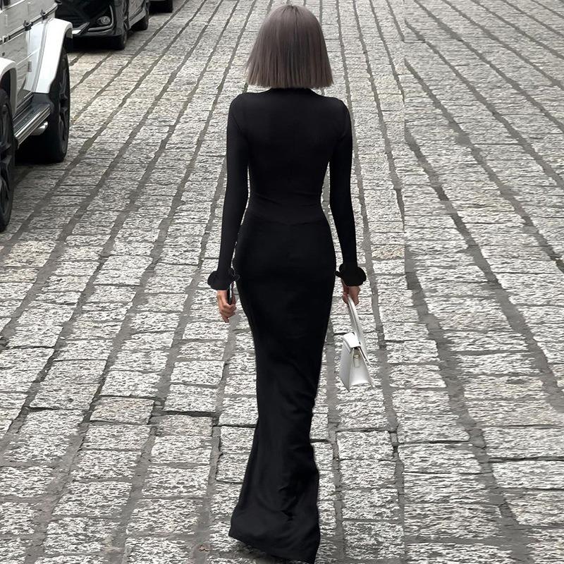 Dámské Sexy Hluboký Výstřih Dlouhý Rukáv Jednobarevné Spice Girl Móda Dvojitě Řasené Dlouhé Šaty