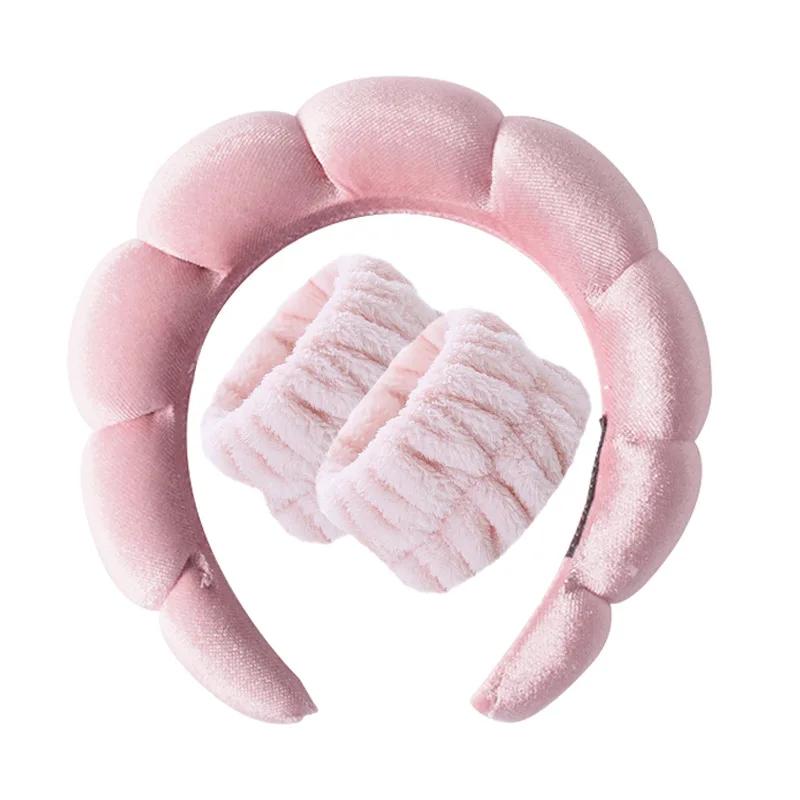 Vintage Velvet Cloud Hair Hoop for Women Girls Sponge Headband Wash Face Wristband Set Spa Bathroom Accessories