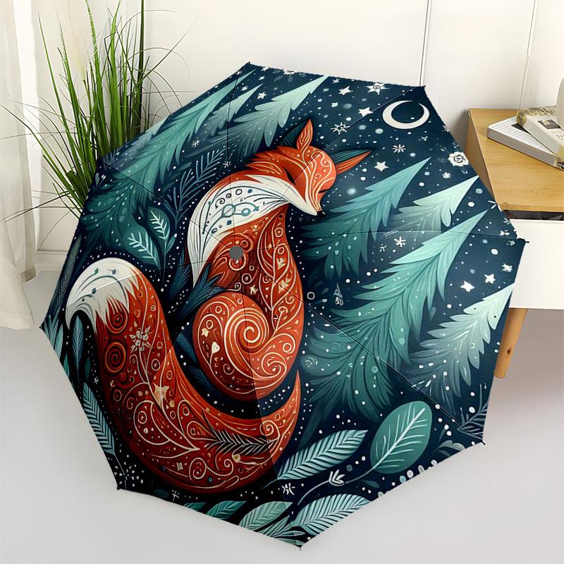 1pc Forest Fox Fantasy: Automatic Folding Umbrella with 3-Fold Design, Iron Frame for Outdoor Use - Perfect Gift for Fans, Travelers, and Daily Use.KK