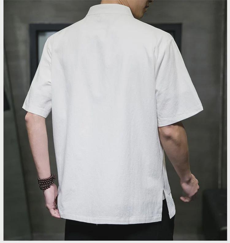 Men's Chinese-Style Linen Short-Sleeve Shirt, Summer Loose Fit, Stand-Up Collar