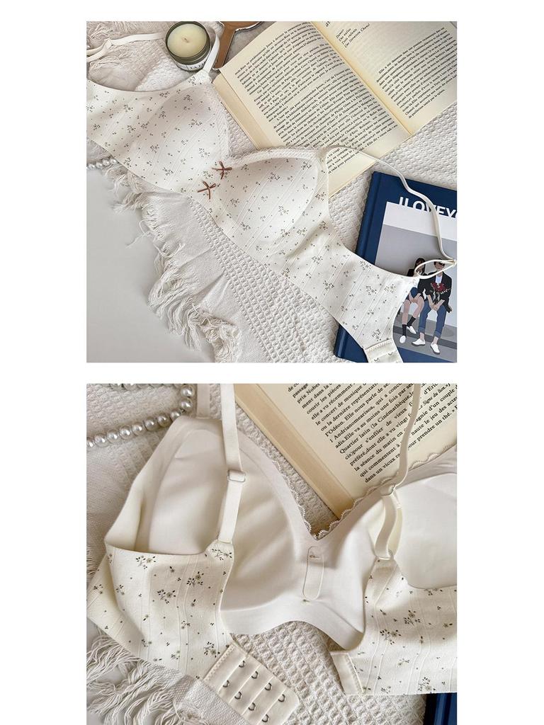 Cloud Cream Floral Lingerie: Wire-Free Push-Up Bra with Side Support