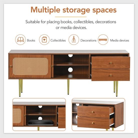 Living Room TV Stand Spacious Countertop Cabinet with 2 Drawers Two Rattan Bedroom Media Console Sliding Doors Metal Legs Furniture