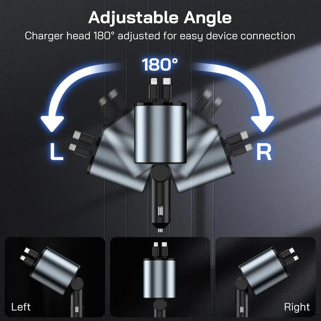 Four in One Metal Car Charger, Super Fast Charging, Telescopic Cable, Car Cigarette Lighter, PD300000 Bending Mini Car Charger