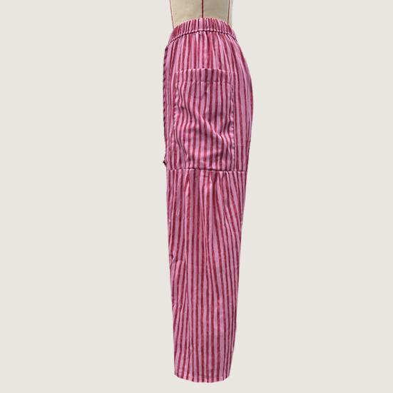 Women Pants Elastic Waist Striped Design Wide Leg Casual Trousers with Pockets Work Travel School All Day Wear