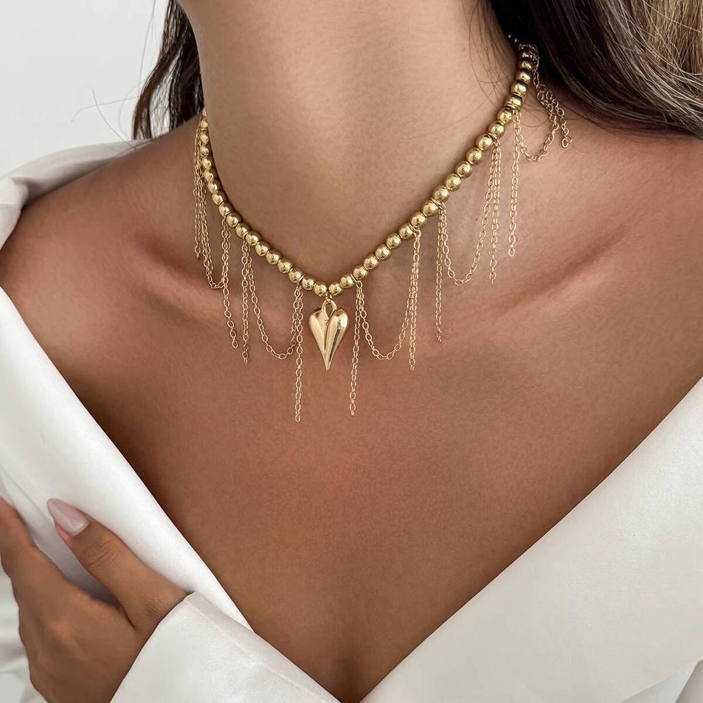 Salircon Fashion Love Heart Pendant Tassel Chain Necklace Women Simple Gold Color Clavicle Chain Sweet Trendy Party Jewelry