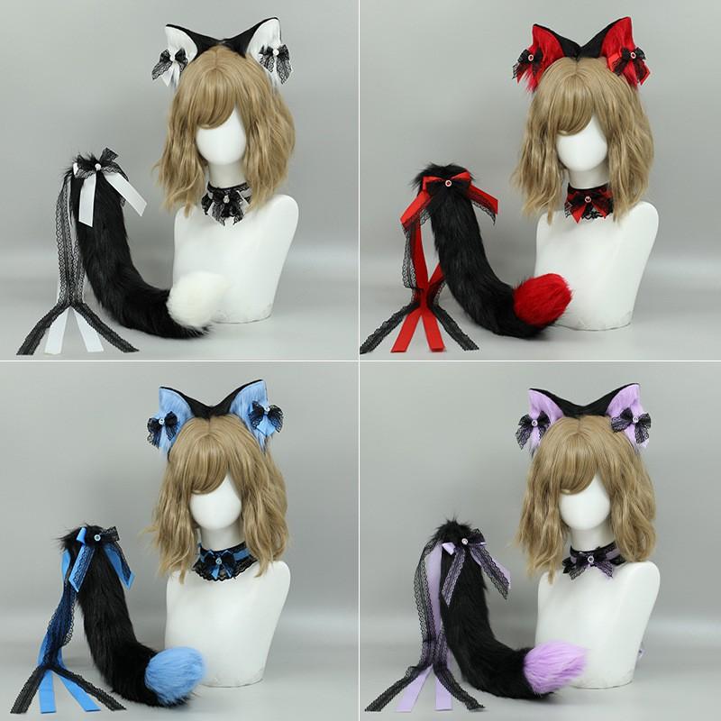 Süßes Katzenohren-Stirnband mit Schwanz Spitzen-Schleifen-Kragen Set Lolita Cosplay Kostüm Zubehör