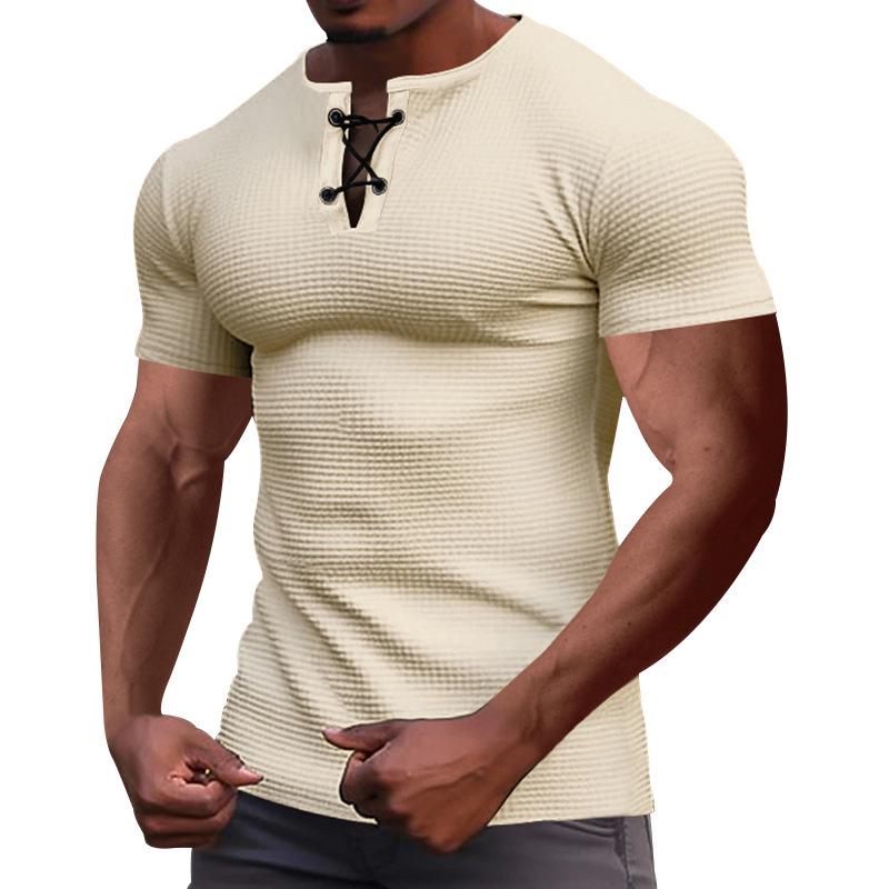 Camiseta Henley de Verano para Hombre de Corte Slim con Cordones - Transpirable Manga Corta Deportes Casual Moda