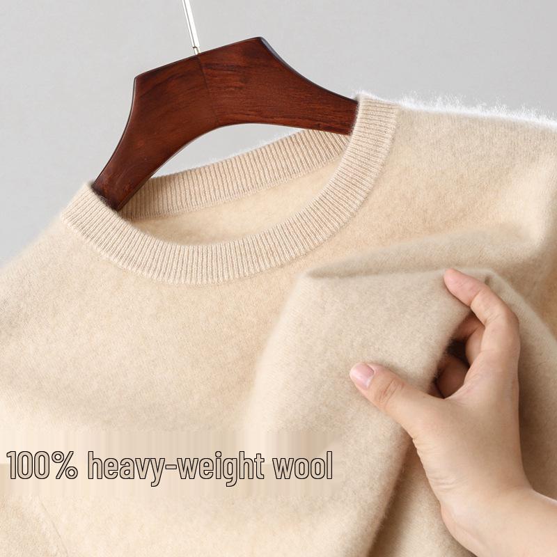 Men's 100% Wool Round Neck Loose Casual Sweater - Thickened Long Sleeve Knitwear