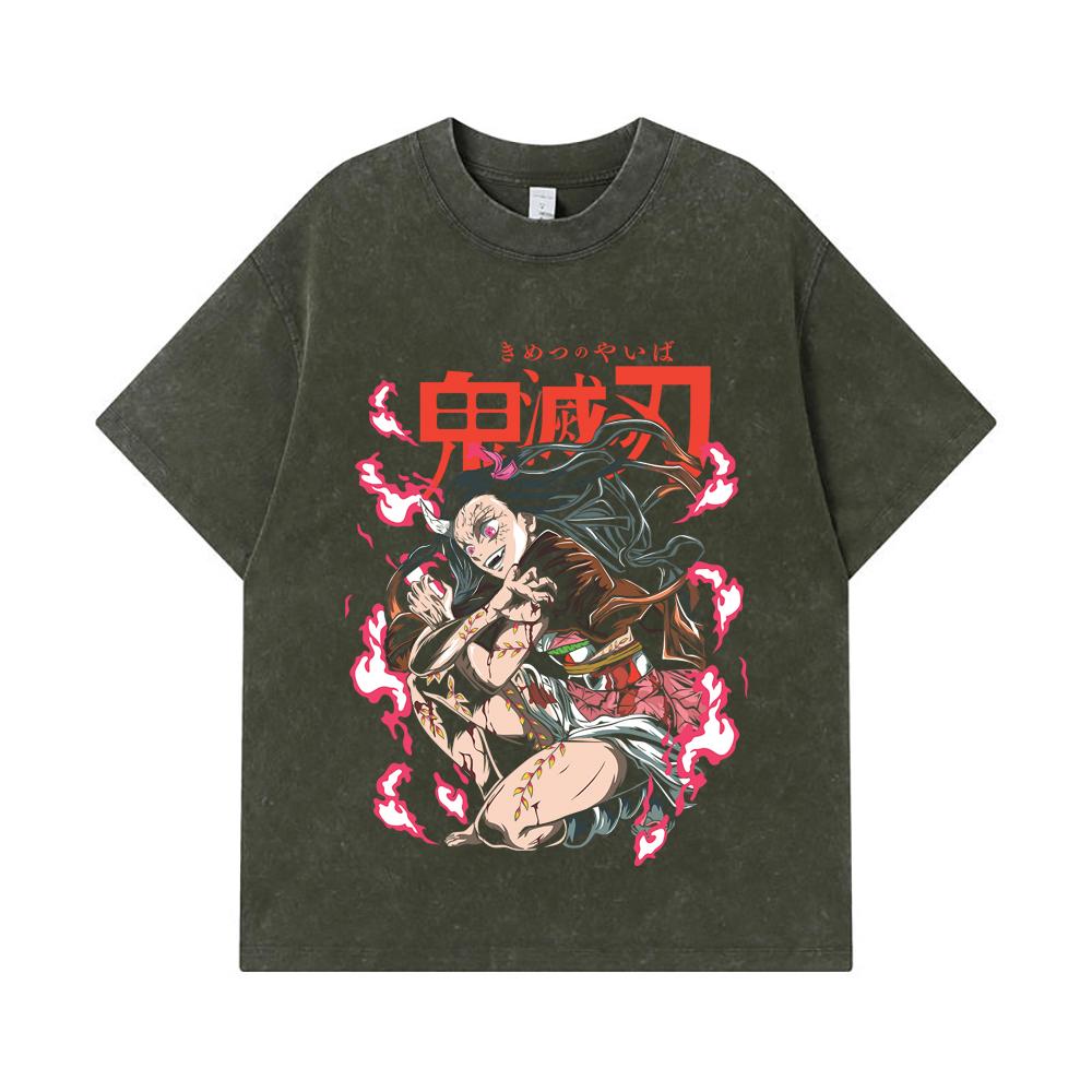 

275 GSM Washed T-shirts 100% Cotton Demon Slayer V71 Nezuko Demon Print Unisex Heavy Cotton T Shirt S армия зеленый
