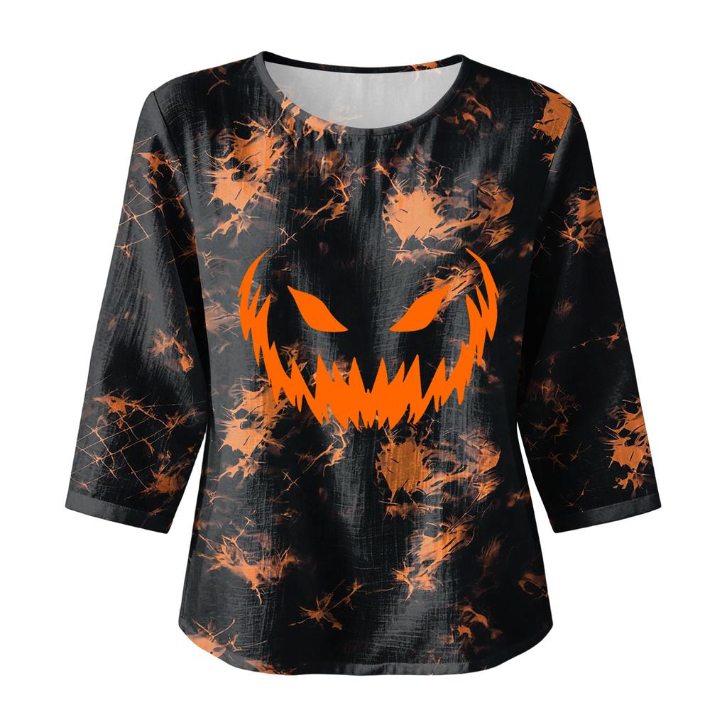 Women's fashionable casual Halloween print round-neck short-sleeved cotton and linen top