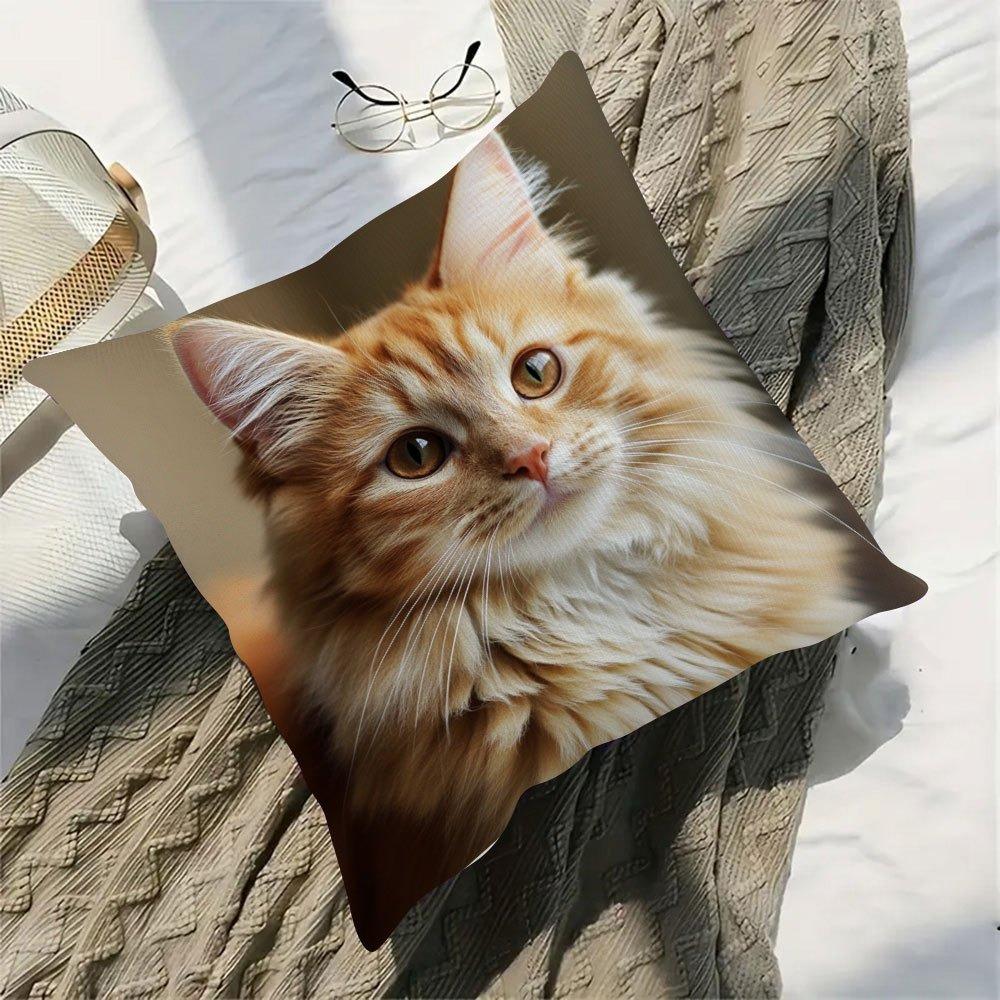 1pc Cute Ginger Tabby Cat Face Pillow Cover - Plush Decorative Cushion Case with Zipper Closure