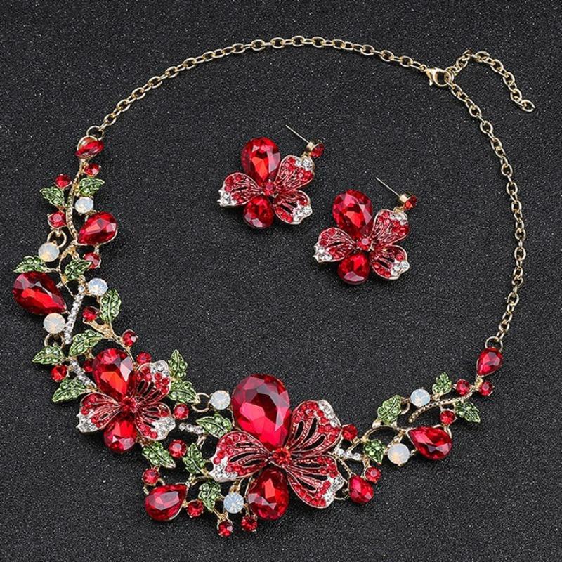 GemChic Women's New Vintage Alloy Branch Leaf Flower Crystal Drops Collarbone Necklace Earrings Two Piece Set Birthday Christmas Jewelry Gift
