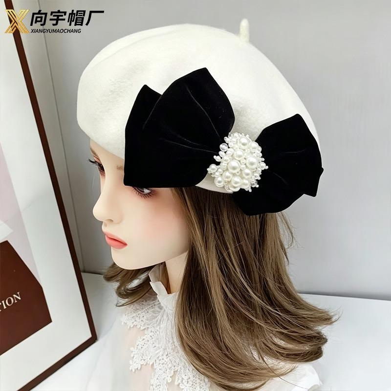 Women S Velvet Bow Pearl Warm Korean Style Beret Hat