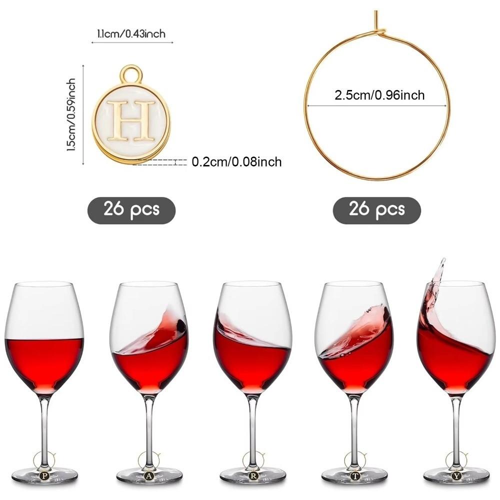 26Pcs DIY Wine Glass Markers Letters Pendant Wine Labeling Wine Glass Charm Rings Metal Wine Glass Hoops Jewelry Accessories