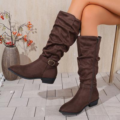 Mode Damenmode Stiefel Stilvolle Rundzehen Designer High Boots, Schlichte Nude Plissierte Übergrößen Damenstiefel für Herbst und Winter