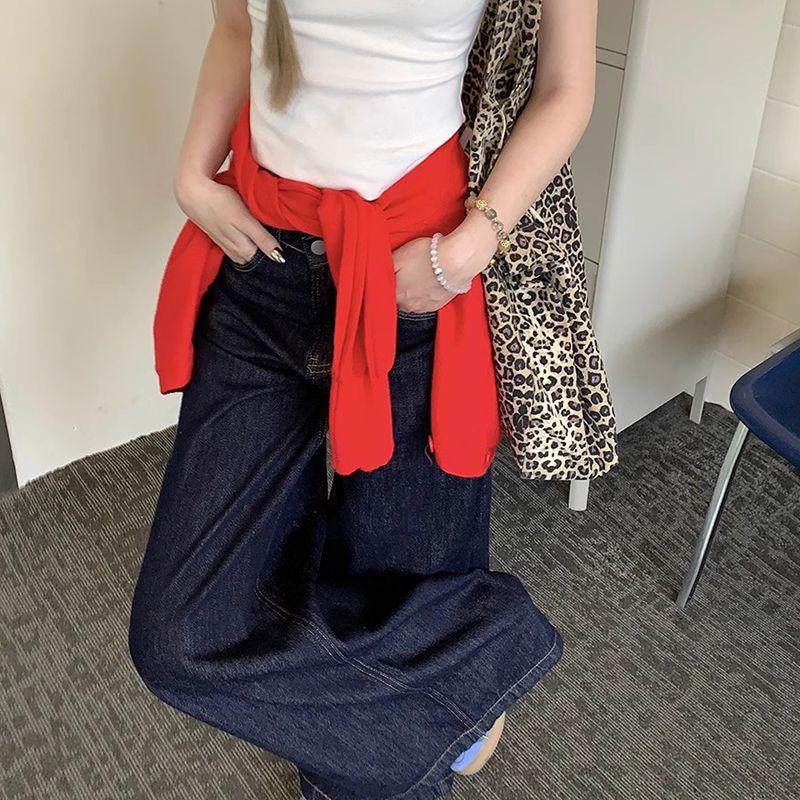 2024 Women's High Waist Dark Blue Retro Straight Jeans - Slim Wide Leg Mopping Trousers
