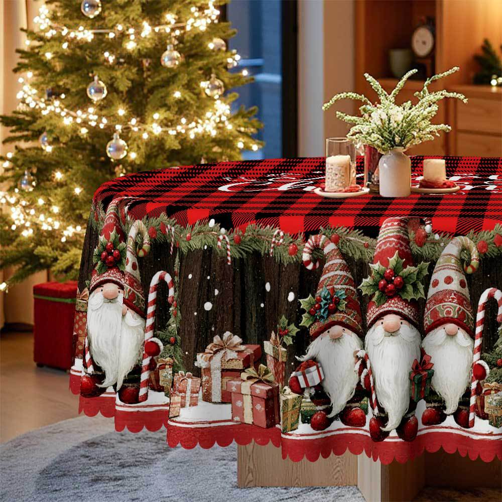 Winter Christmas Tablecloth Red And Black Checked Snowman Reindeer Print, Coffee Table Round Tablecloth, Restaurant Decoration