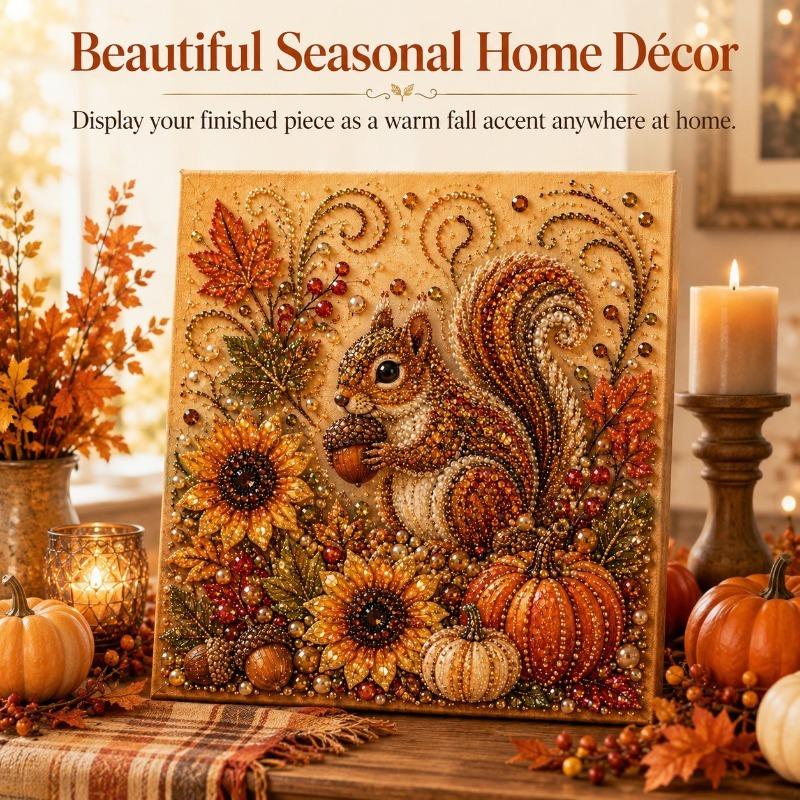 Autumn Harvest DIY Pearl Painting Kit, Squirrel Fox Diamond Painting, Handmade Home Wall Decor Ornament