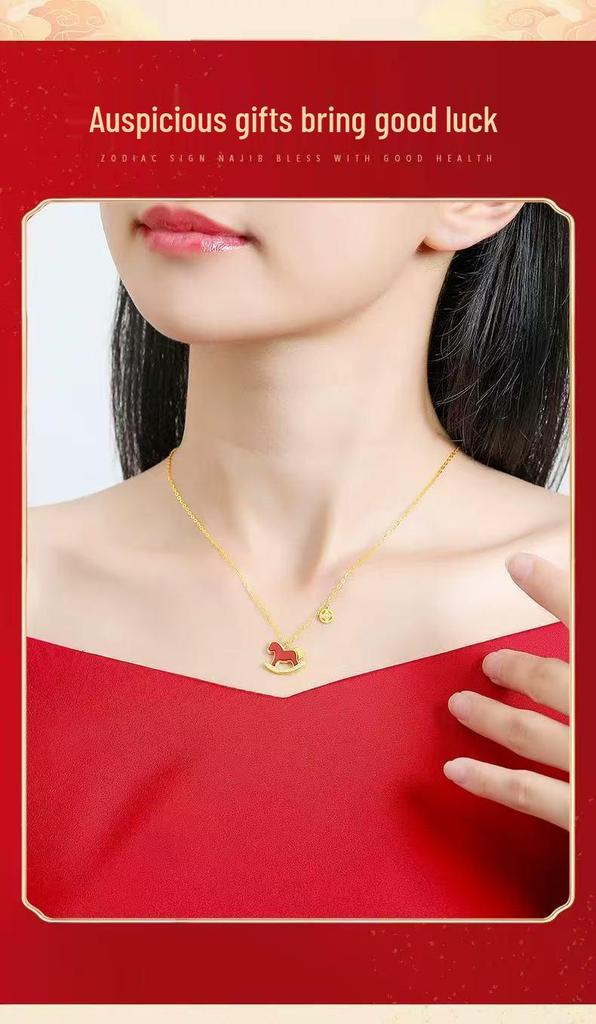 Gold-Plated Zodiac Necklace: 2026 Year of the Horse Red Pendant Clavicle Chain
