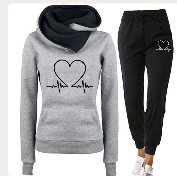 Women's Heartbeat Print Hoodie & Sweatshirt Set - Casual Sportswear for Spring & Autumn