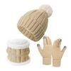 3Pcs/Set Winter Knitted Scarf Gloves Set Pom Pom Ball Fleece Lining Brimless Hat Touchscreen Gloves Neck Warmer Set