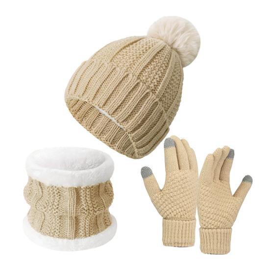 3Pcs/Set Winter Knitted Scarf Gloves Set Pom Pom Ball Fleece Lining Brimless Hat Touchscreen Gloves Neck Warmer Set