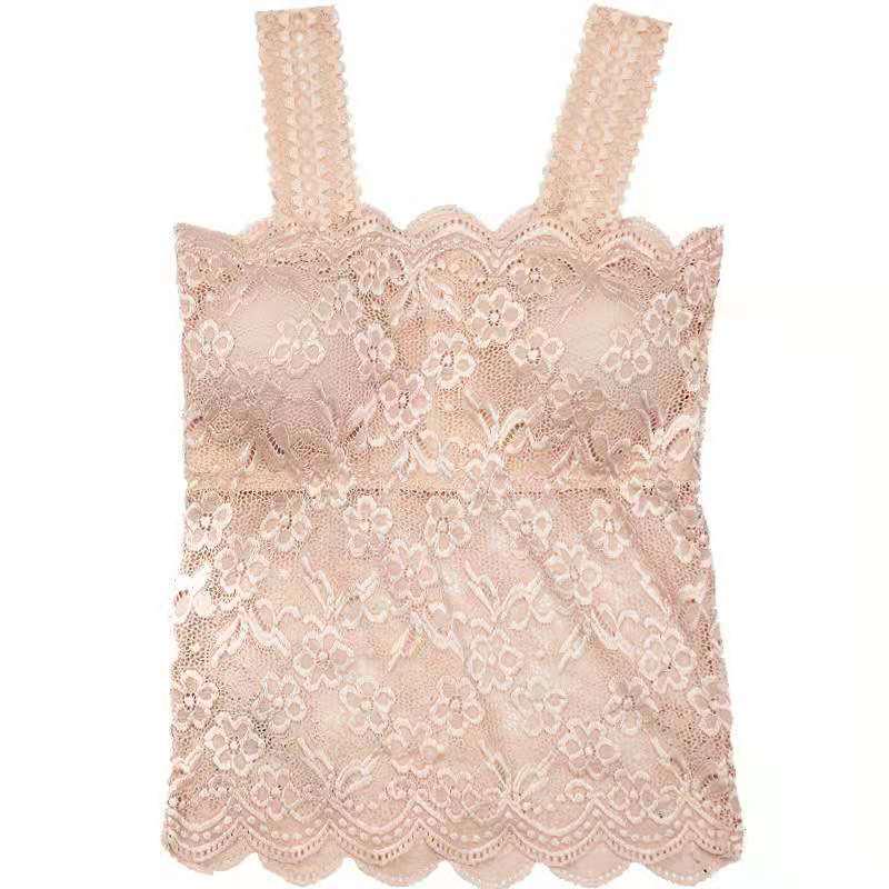 Lace Trim Underwear Camisole with Chest Pads - Women's Versatile Anti-Exposure Long Bra